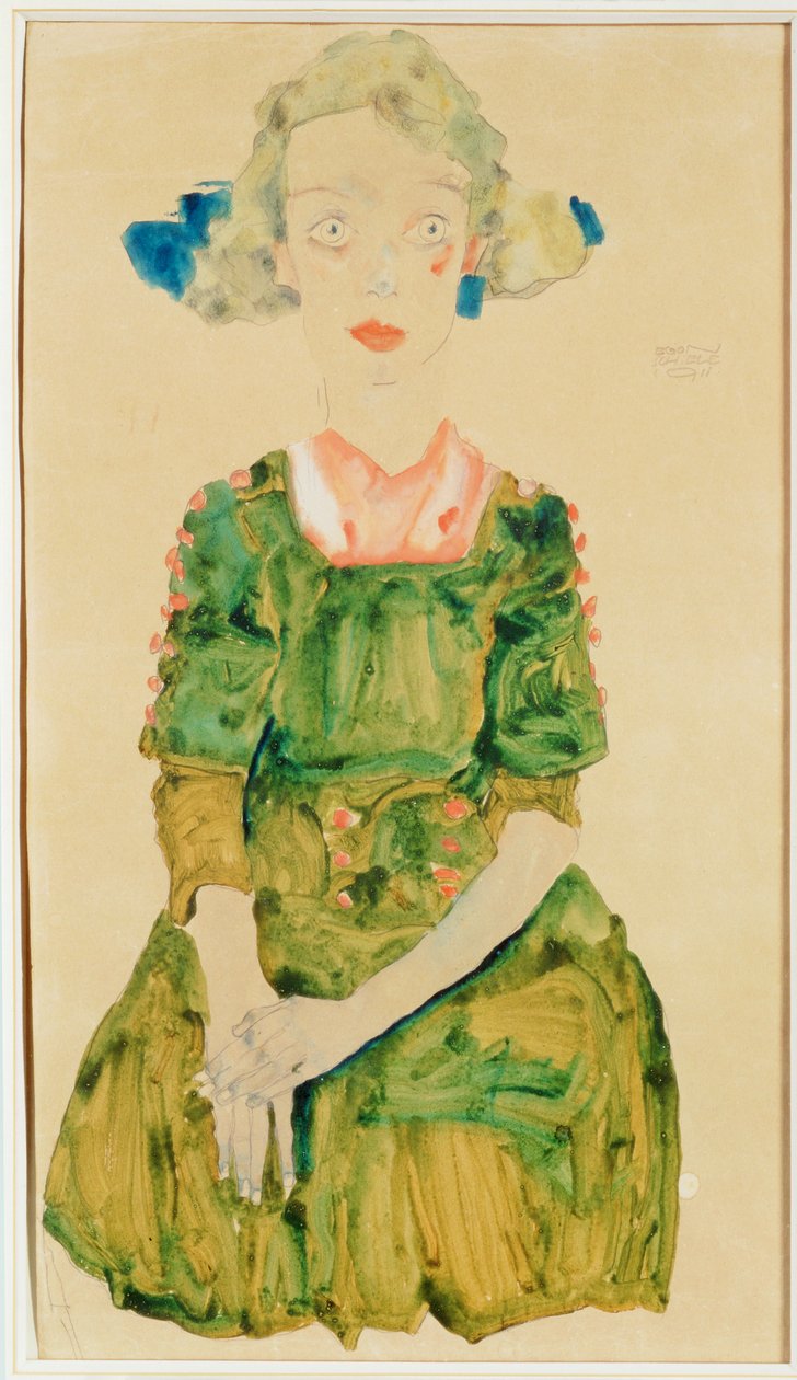 Mavi kurdeleli genç kız by Egon Schiele