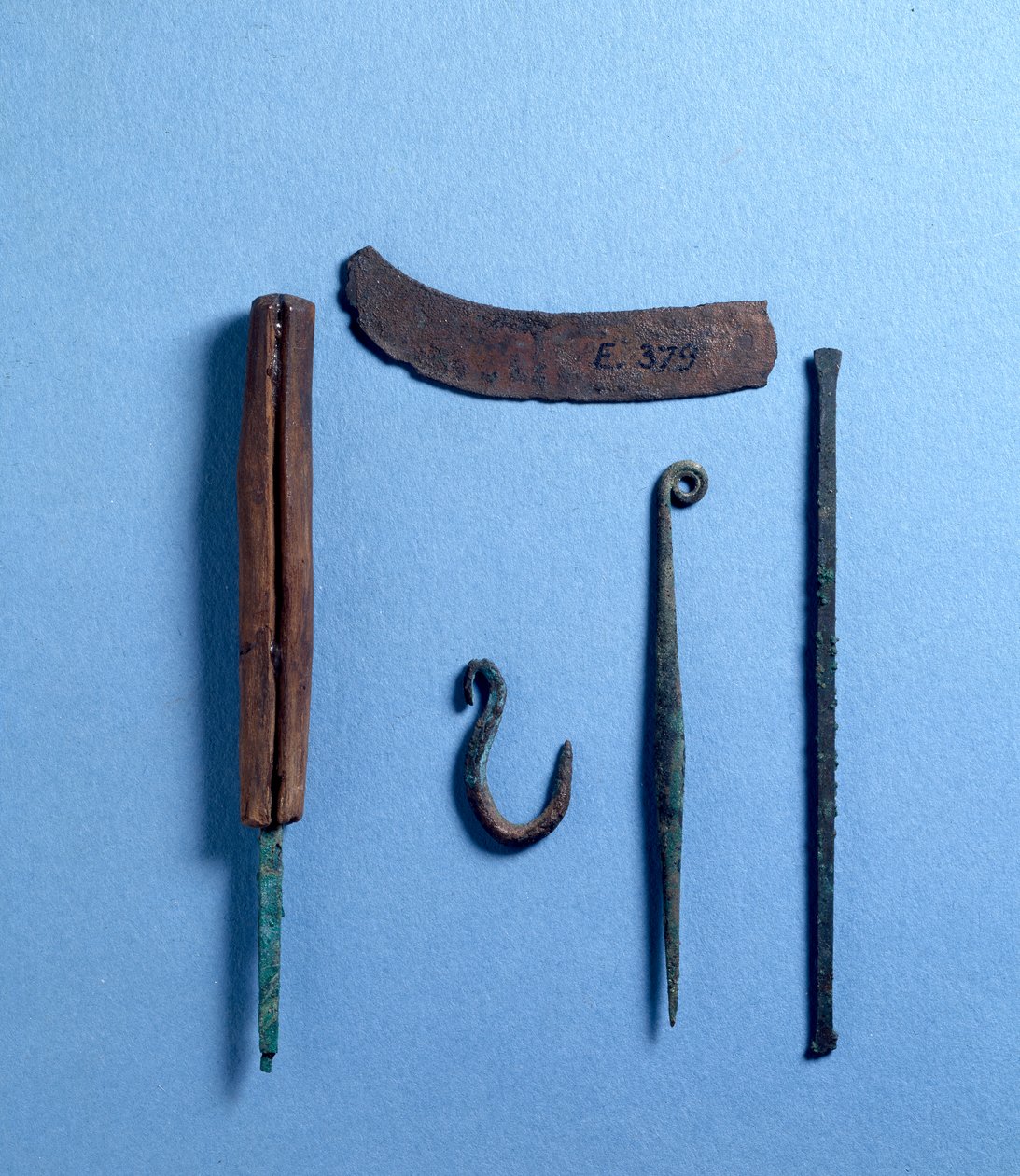 Chisel, awl, knife and fish hook (copper) by Egyptian