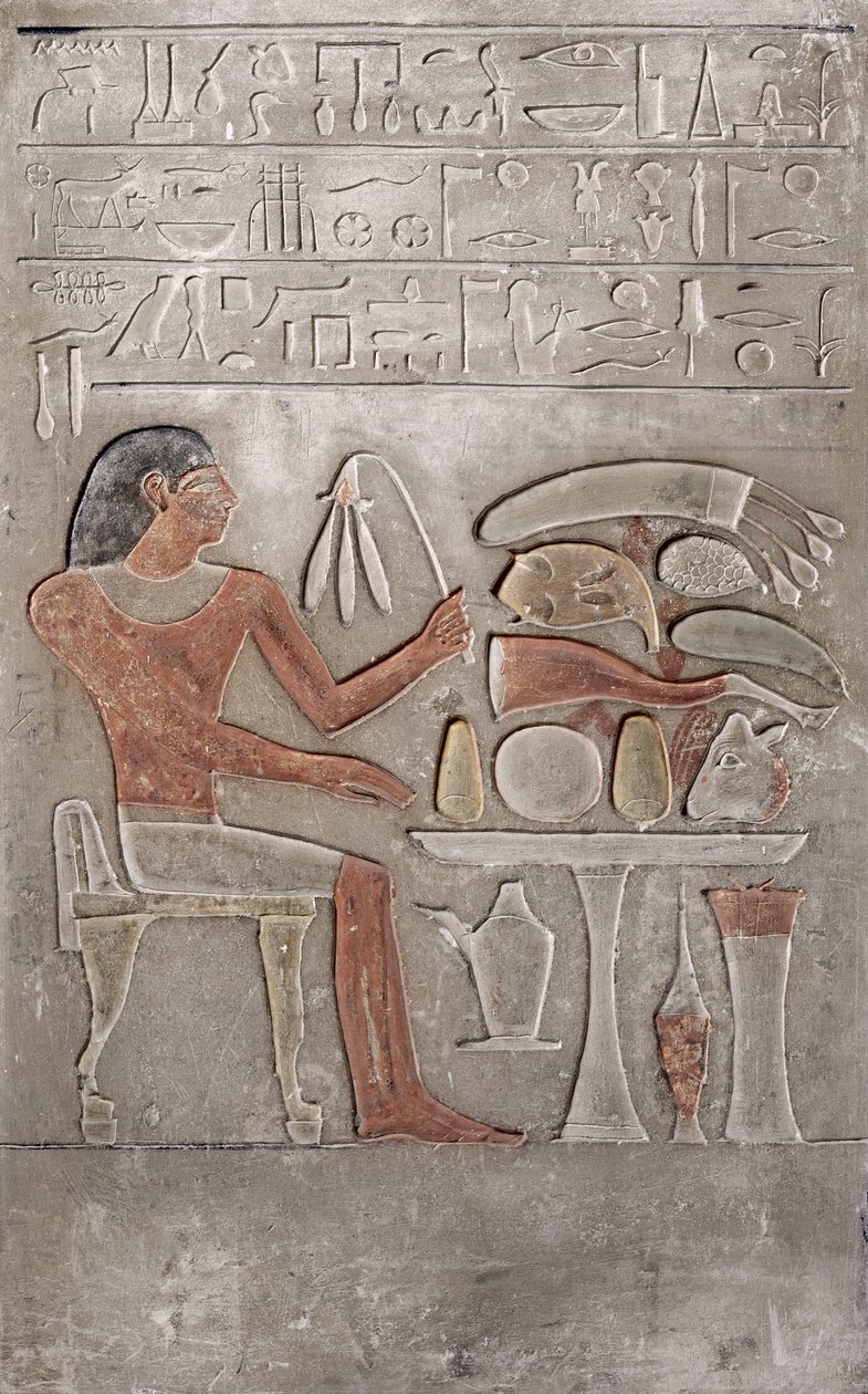 Bir adak masasının önünde ölen kişiyi tasvir eden stel (boyalı kireçtaşı) by Egyptian