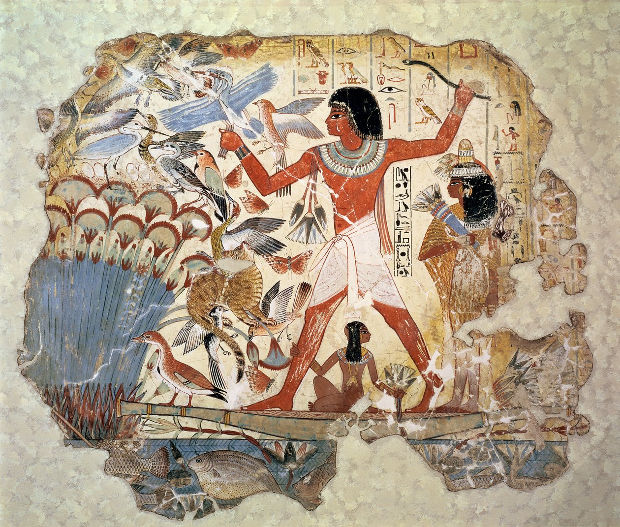 Nebamun, karısı ve kızıyla bataklıklarda avlanıyor, Nebamun mezar şapelinden bir duvar resminin parçası, Thebes, New Kingdom, MÖ 1350 dolayları (boyalı sıva) by Egyptian 18th Dynasty