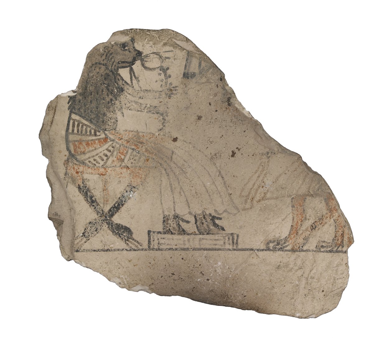Siyah ve kırmızı mürekkeple boyanmış kırmızı ve siyah mürekkepli kireçtaşında mizahi eskizlere sahip kireçtaşı ostracon by Egyptian 19th Dynasty