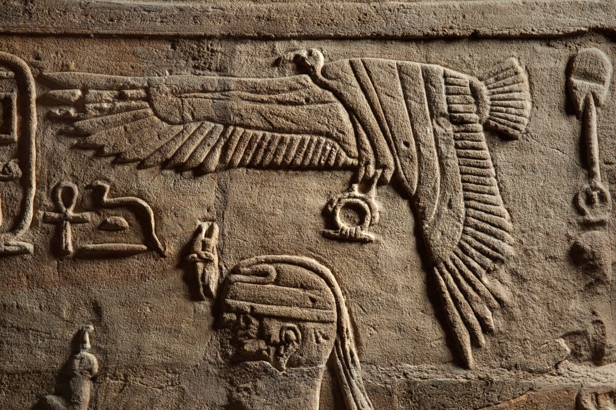 Firavun Taharqa tarafından Nubia'da Kawa'da inşa edilen Amun Tapınağı'nın avlusunda dikilen bir türbe üzerinde kabartma, 25. Hanedan, Geç Dönem, MÖ 690-64, 107896 kumtaşı detayı by Egyptian 25th Dynasty