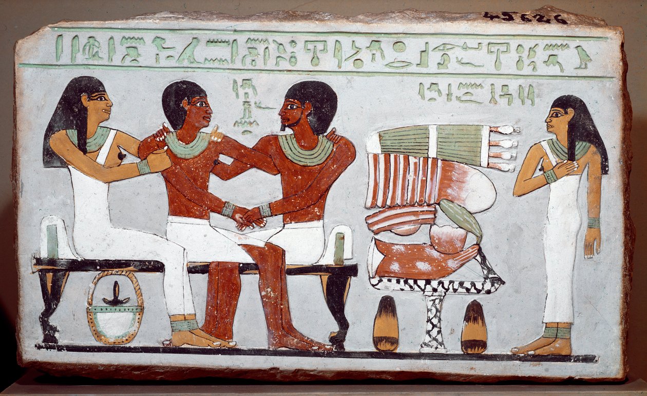 Mısır antik: Amenemhet ailesini (Amenemhat) tasvir eden kireçtaşı boyalı mezar steli by Egyptian 11th Dynasty