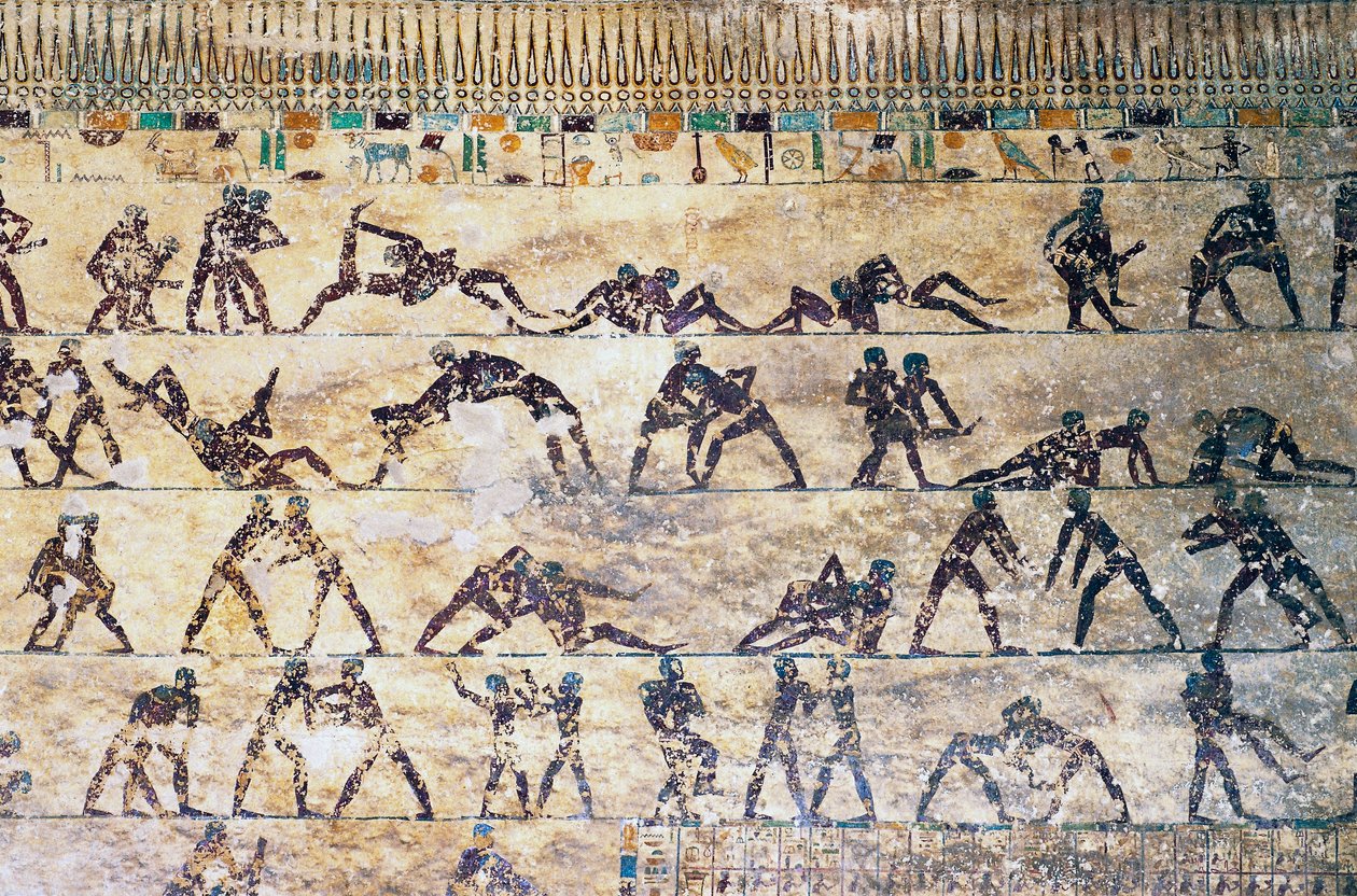Dövüş sahneleri, duvar resmi, Kethi mezarı, Beni Hasan Nekropolü, Mısır, Mısır uygarlığı, Orta Krallık, Hanedan XII by Egyptian 12th Dynasty