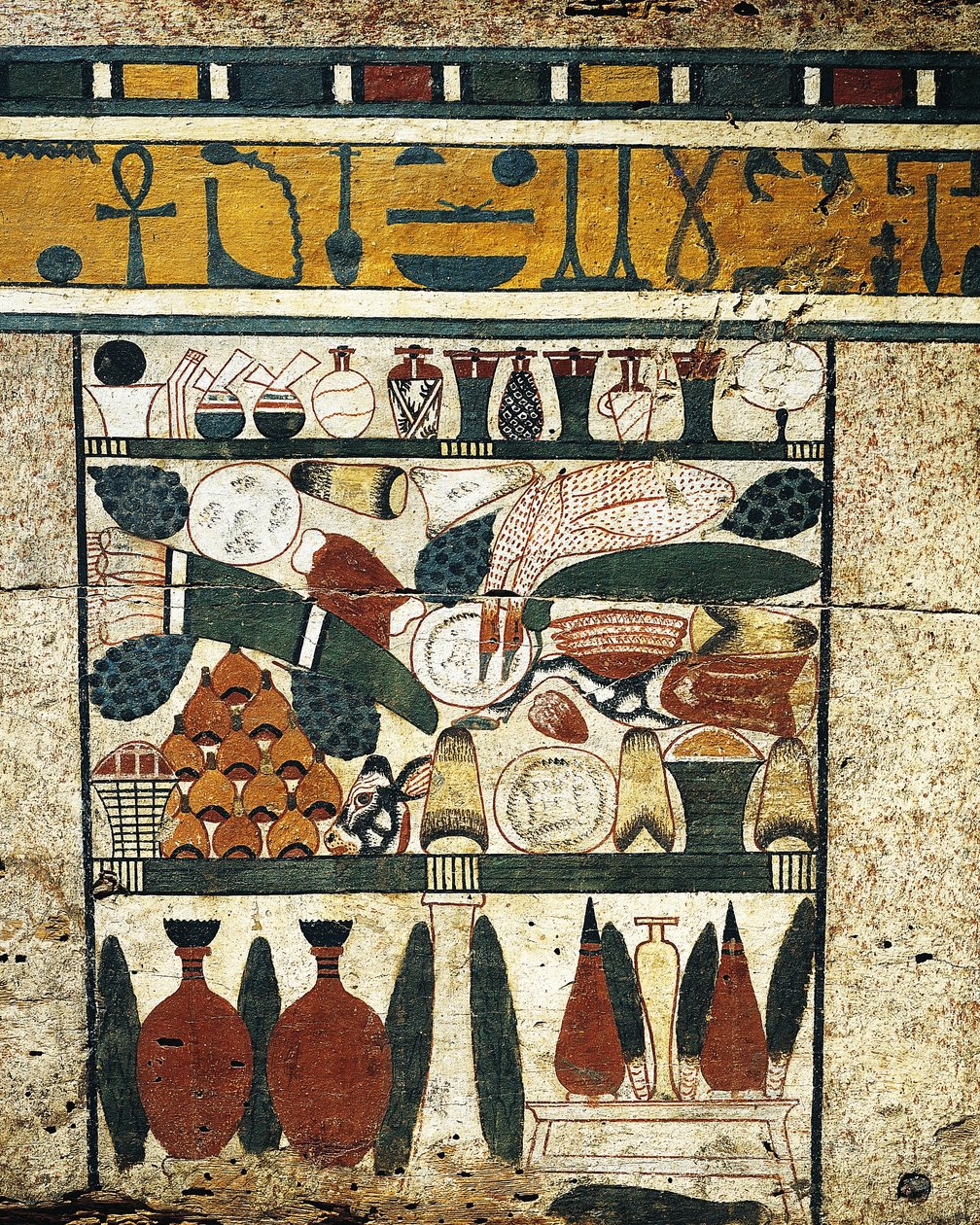 Ibi Lahdi'nden cenaze adakları yığınıyla birlikte sıvalı, boyalı ahşap panel detayı by Egyptian 17th Dynasty