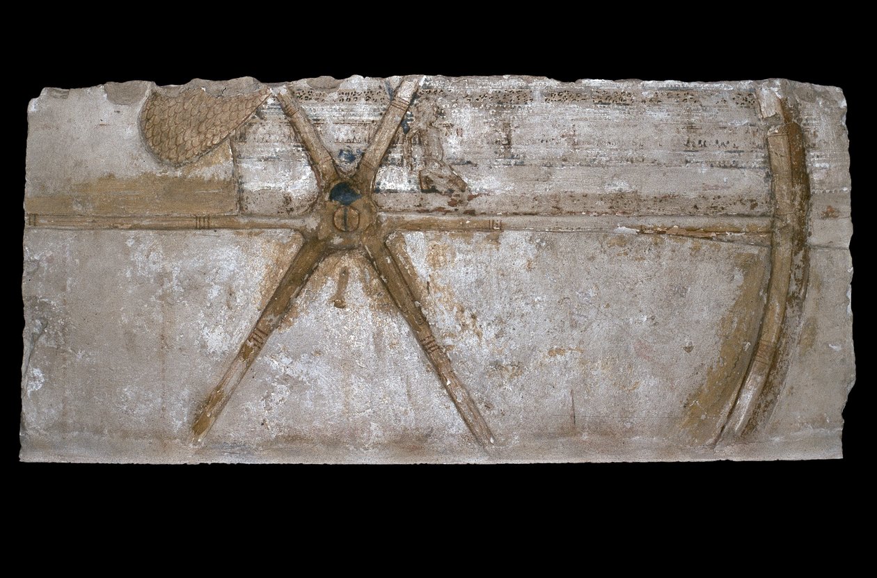 Bir araba tekerleği tasviri ile oyulmuş ve boyanmış kireçtaşı blok, MÖ 1353-35 (kireçtaşı) by Egyptian 18th Dynasty