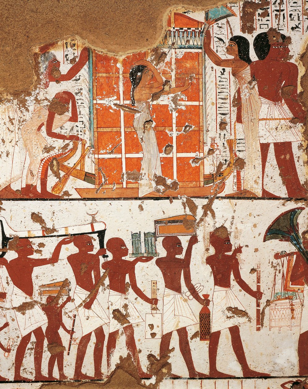 Mısır, Thebes, El-Khokha Necropolis Valley of the Nobles, Tomb of Nebamon and Ipouky, Cenaze kortejini ve merhumun dul kadınını tasvir eden fresklerin detayı by Egyptian 18th Dynasty
