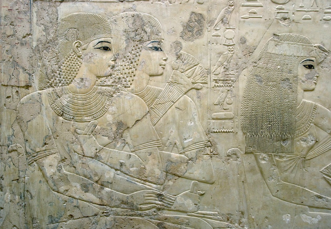 Egyptian antiquite: bas relief representing the guests of a funeral banquet - Tomb of the Vizier Ramose (18th dynasty) - Luxor, Thebes, Tomb of the Nobles Egypt - Egyptian civilization: Bas relief depicting the guests at a funeral banquet, from the Tomb of by Egyptian 18th Dynasty