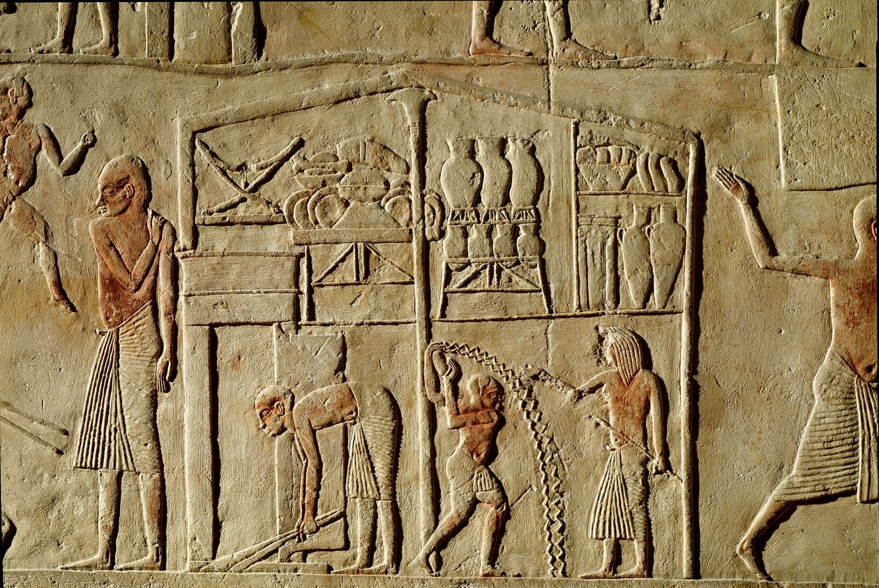 Mısır antikası: “” Gıda maddeleri depolarda saklanır””” 18. hanedanın üst düzey bir yetkilisinin mezarını süsleyen kabartma. Bologna Civico Museo Archeologico by Egyptian 18th Dynasty