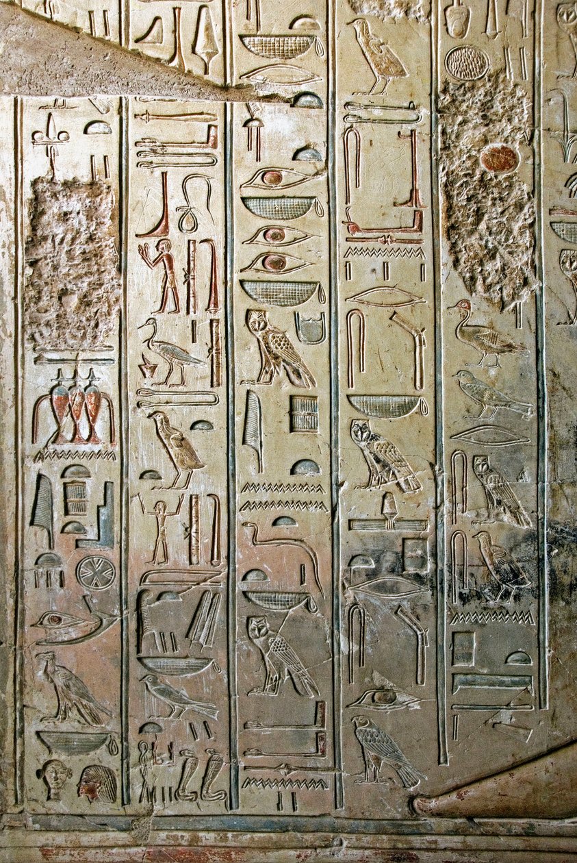 Mısır antikası: Kha em Het (Khaemhat) çatı katı müfettişi ve Amenophis III (TT57) mahkemesindeki katip mezarının kabartması ve hiyeroglifleri. 18 hanedanı. 1530-1290 M.Ö. Vallee des Nobles. Luksor, Batı Şeria, Mısır by Egyptian 18th Dynasty