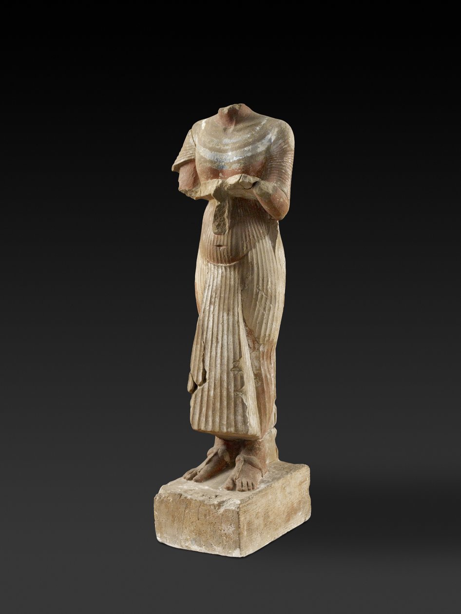 Bir adak masası tutan Firavun Akhenaten figürü (oyulmuş ve boyalı kumtaşı) by Egyptian 18th Dynasty