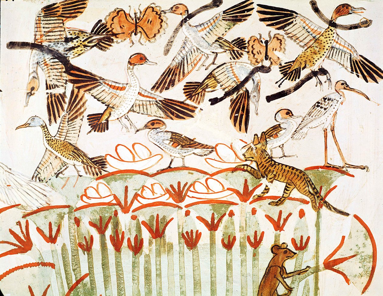 Bataklıklarda balık tutma ve kümes hayvanları, kuşların detayı, Menna Mezar Şapeli, Yeni Krallık (duvar resmi) by Egyptian 18th Dynasty