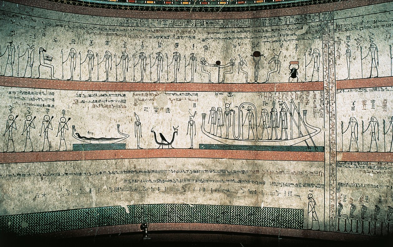 Mezar odalarının batı duvarında güneş teknesinin yolculuğu olan Amduat Kitabı'nı tasvir eden freskler by Egyptian 18th Dynasty