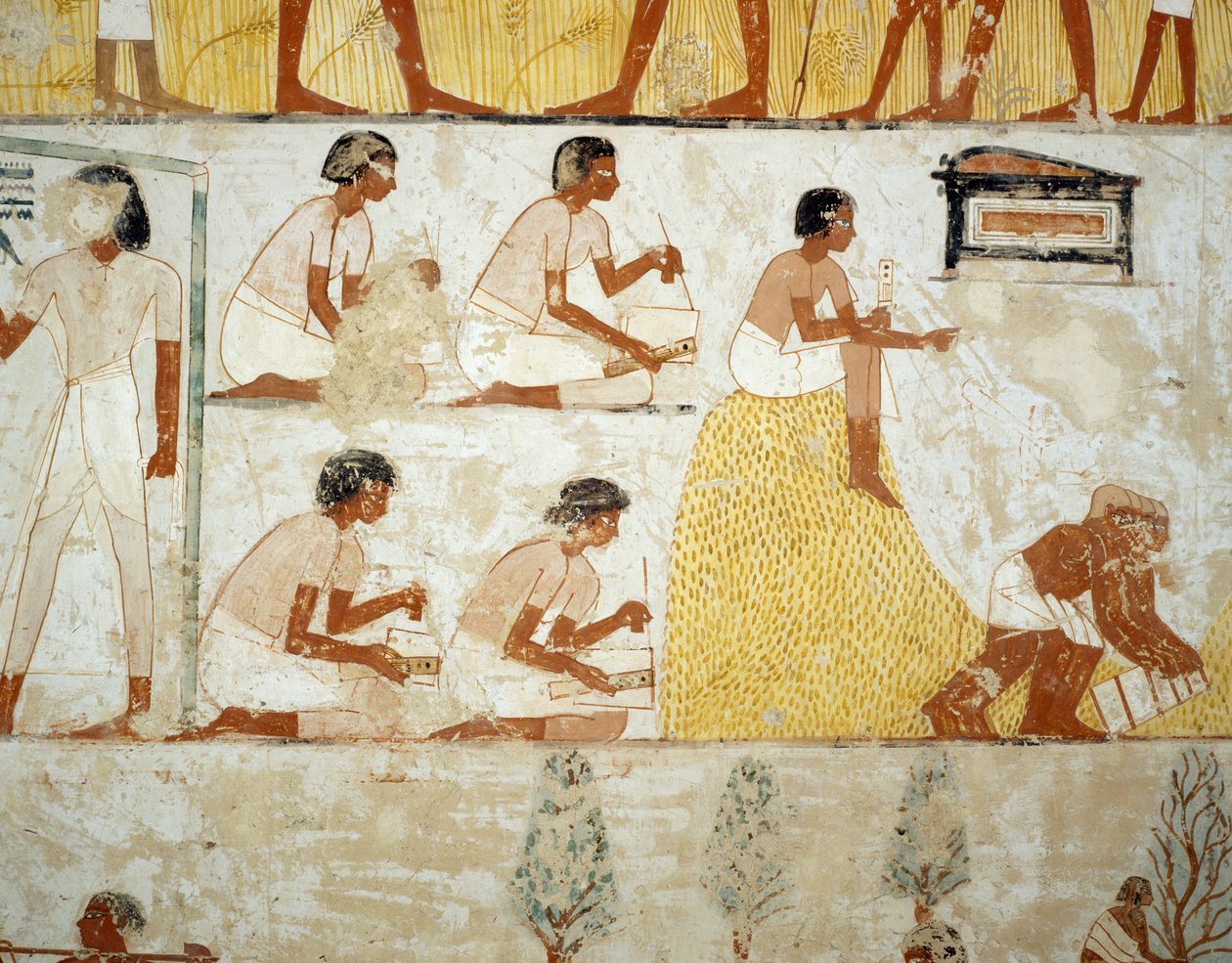 Mahsul hasadı, tahılların harmanlanması ve harmanlanması, Menna Mezarı, Şeyh Abd el Qurnah Nekropolü, Luksor, Thebes (Unesco Dünya Mirası Listesi) girişindeki fresklerden detay by Egyptian 18th Dynasty