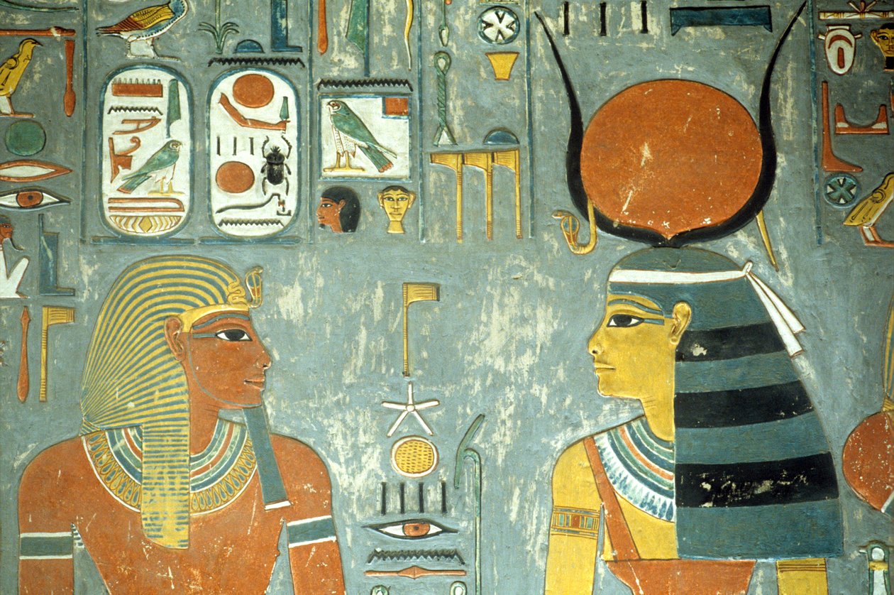 Horemheb Mezarı'ndan Horemheb ve Hathor (MÖ 1323-1295) Yeni Krallık (duvar resmi) (218340 detayı) by Egyptian 18th Dynasty