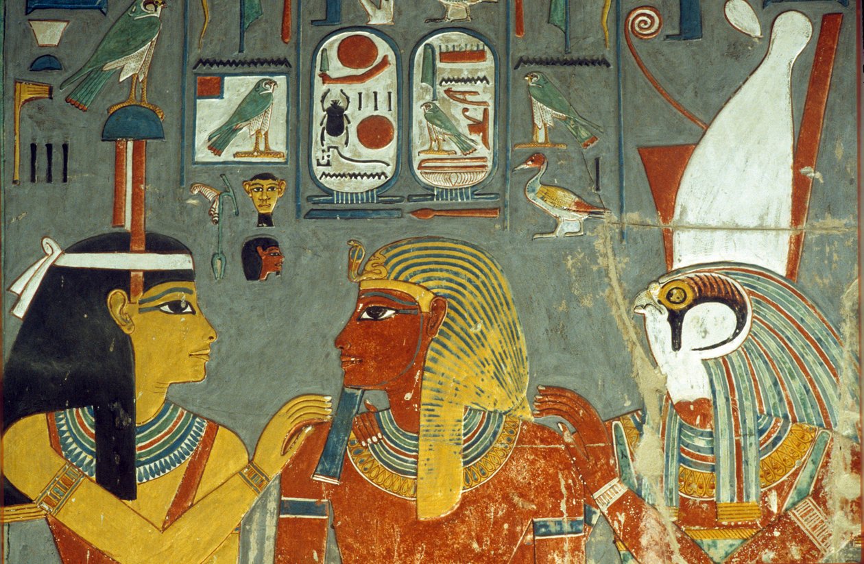 Horemheb Mezarından Horus, Horemheb ve Hathor (MÖ 1323-1295) Yeni Krallık (duvar resmi) by Egyptian 18th Dynasty
