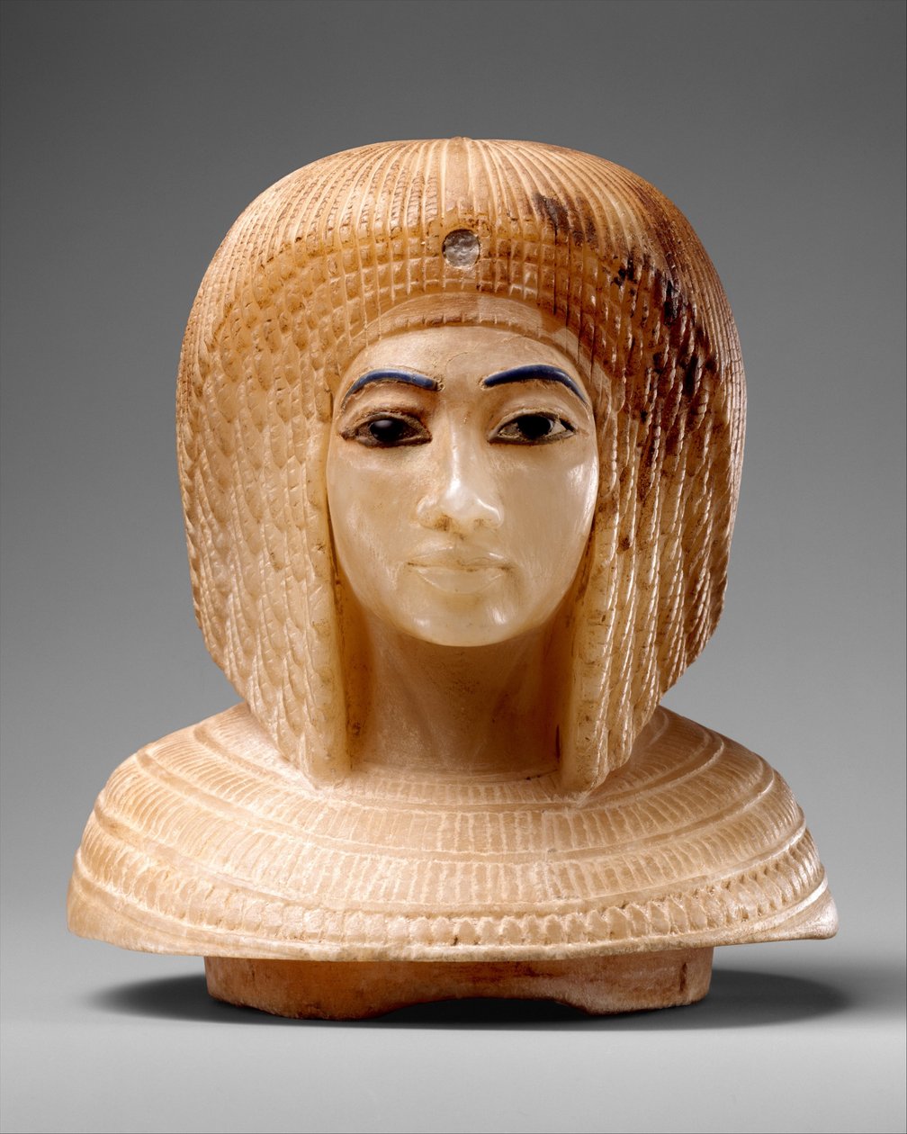 Kraliyet Kadın Başı Şeklindeki Kapak, MÖ 1349–36 dolayları. (traverten, mavi cam, obsidiyen) by Egyptian 18th Dynasty
