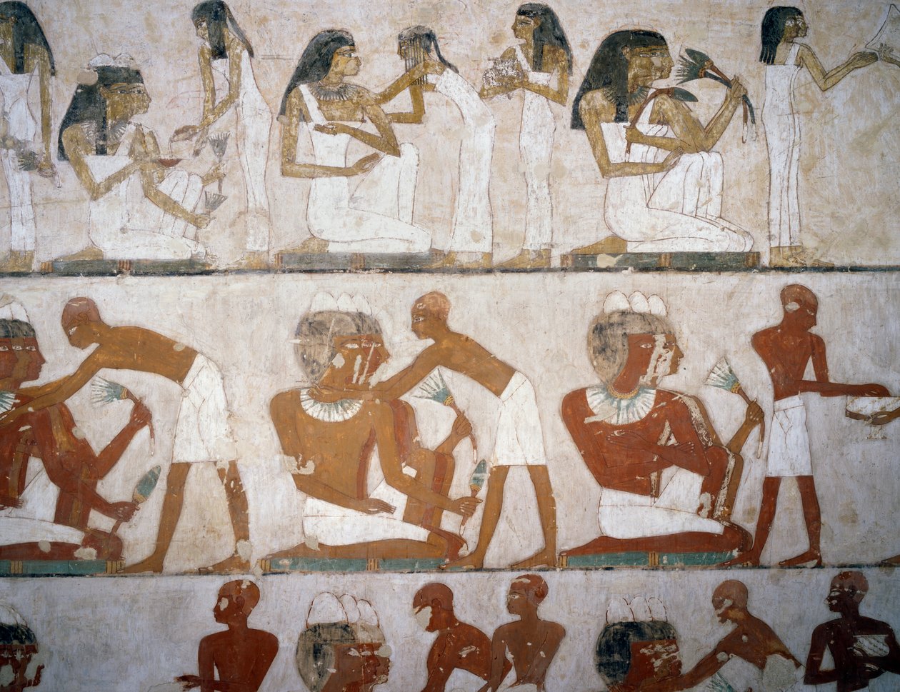 Takı takan kadın ve erkekler, Rekhmire Mezarı, Şeyh Abd el Qurnah Nekropolü, Luksor, Thebes (Unesco Dünya Mirası Listesi) fresklerinden detay by Egyptian 18th Dynasty