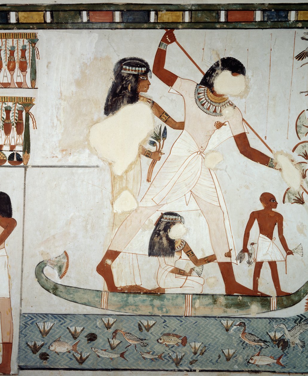 Menna ve ailesi Nil bataklıklarında balık tutuyor ve kümes hayvanları, Menna Mezarı, Şeyh Abd el Qurnah Nekropolü, Luksor, Teb (Unesco Dünya Mirası Listesi) şapelindeki fresklerden detay by Egyptian 18th Dynasty