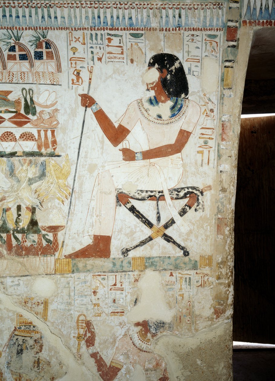 Tarlalarda çalışanlarını denetleyen Menna, Menna Mezarı, Şeyh Abd el Qurnah Nekropolü, Luksor, Thebes (Unesco Dünya Mirası Listesi) girişindeki fresklerden detay by Egyptian 18th Dynasty