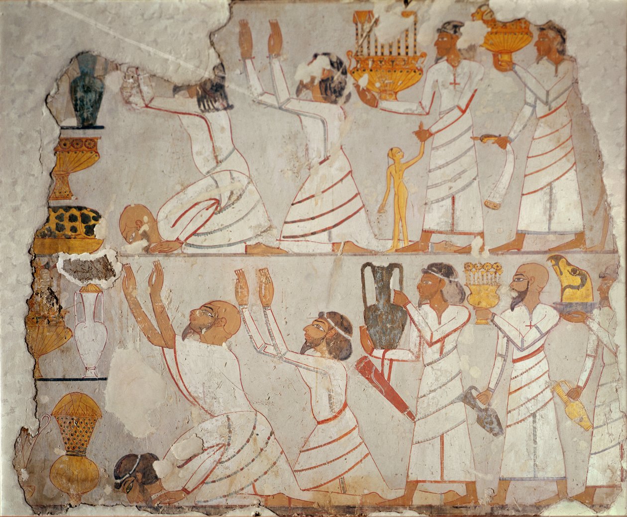 Asyalı haraç taşıyıcılarını gösteren boyalı bir mezar duvarının parçası, MÖ 1400 dolayları (taş üzerine boyanmış sıva) by Egyptian 18th Dynasty