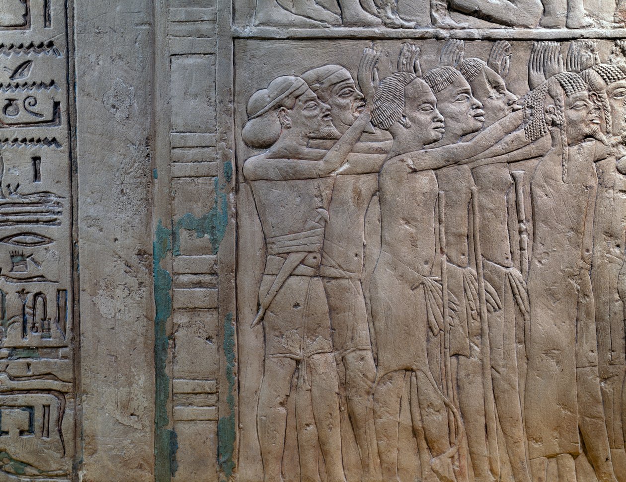 Nubia, Libya, Suriye ve Filistin prensleri krala saygılarını sunmaya geliyor, kireçtaşından yapılmış yarım kabartma, Horemheb#39;in Memphite Mezarı, Saqqara#39;da, Mısır Medeniyeti, Yeni Krallık, Hanedan XVIII by Egyptian 18th Dynasty