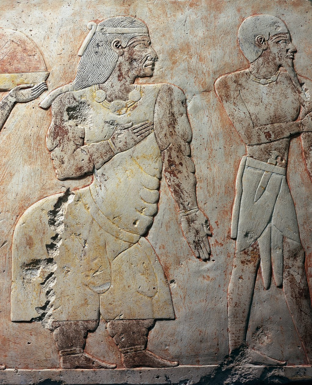 Punt Kraliçesi, Punt Ülkesi#39;ne yapılan keşif gezisini tasvir eden detay sahnesi, boyalı rölyef, Punt sütun dizisi, Hatshepsut#39;un cenaze tapınağı, Deir el-Bahari, Thebes nekropolü (Unesco Dünya Mirası Listesi) by Egyptian 18th Dynasty