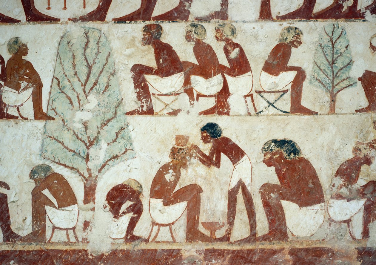 Saçlarını kestiren askerler, Userhat Mezarı, Şeyh Abd el Qurnah Nekropolü, Luksor, Thebes (Unesco Dünya Mirası Listesi) fresklerinden detay by Egyptian 18th Dynasty