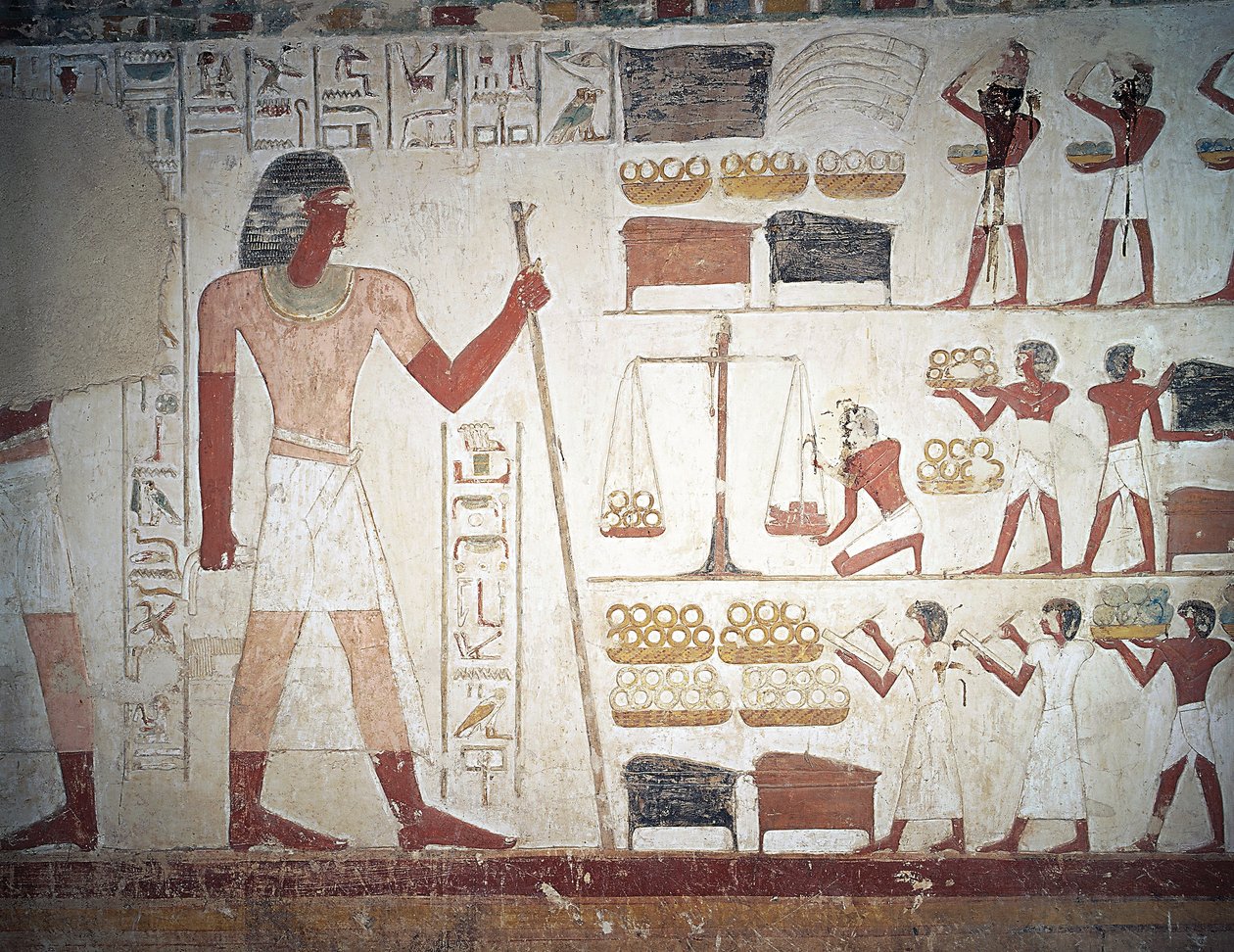 Mezar TT56 olarak da bilinen II. Amenhotep döneminde bakır, fresk, Userhat Türbesi, öğretmen ve katiplerin tartılması, Şeyh Abd el-Qurna, Thebes (Unesco Dünya Mirası Listesi) by Egyptian 18th Dynasty