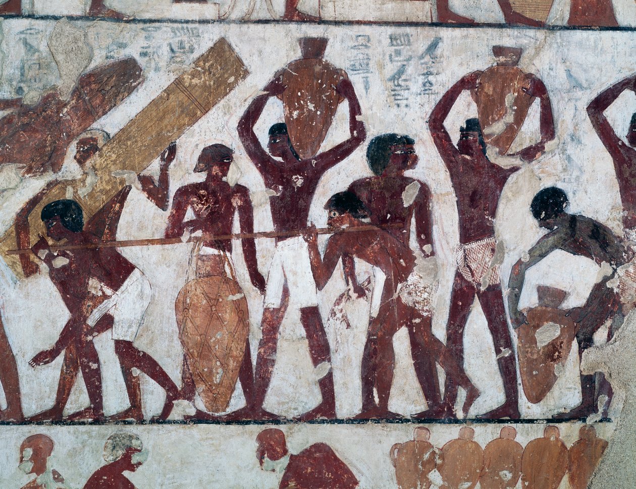 Ammon Tapınağı, Rekhmire Mezarı, TT100 Mezarı, Şeyh Abd el-Qurna, Theban Nekropolü (Unesco Dünya Mirası Listesi) olarak da bilinen depolara yiyecek taşınması by Egyptian 18th Dynasty