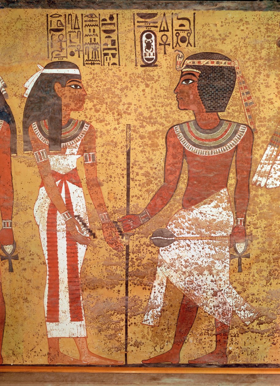 Tutankhamun (MÖ 1370-1352) ve karısı Ankhesenamun, mezarından Yeni Krallık (boyalı kireçtaşı) by Egyptian 18th Dynasty