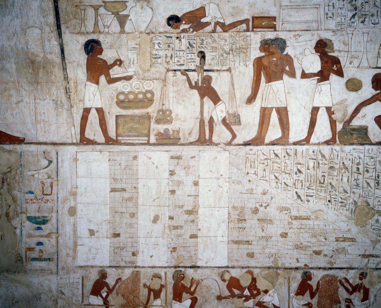 Altın ve gümüş tartı, Rekhmire Mezarı, Şeyh Abd el Qurnah Nekropolü, Luksor, Thebes (Unesco Dünya Mirası Listesi) fresklerinden detay by Egyptian 18th Dynasty