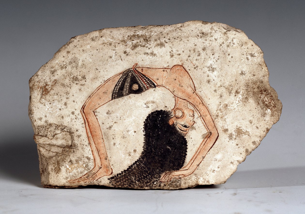 Bir kadın akrobat dansçısı, Ostrakon. Kireçtaşı, yaklaşık MÖ 1295-1186 by Egyptian 19th Dynasty