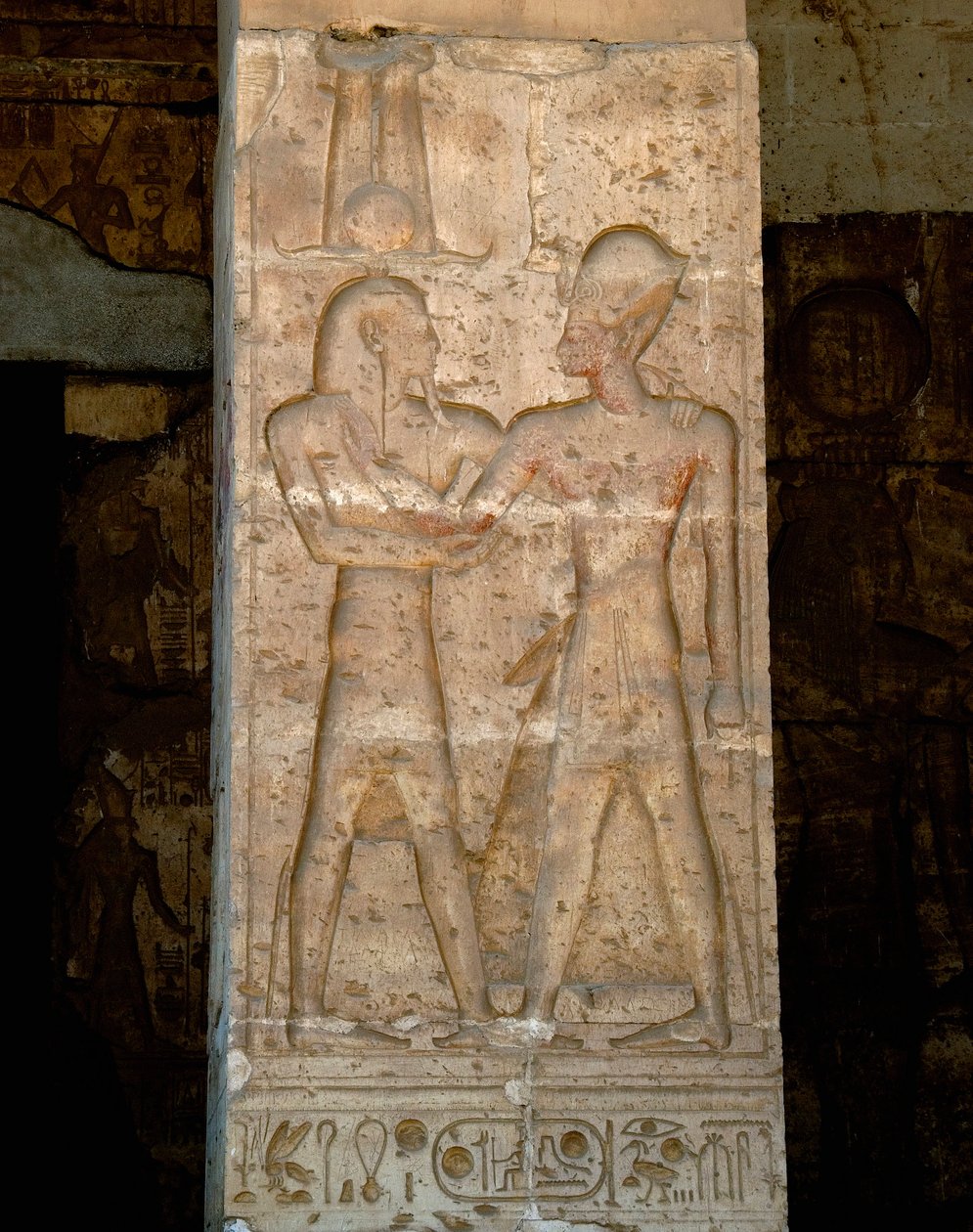 Ancient Egyptian Art: Low Relief on column of the temple of Sethi I (Sety or Seti I by Egyptian 19th Dynasty