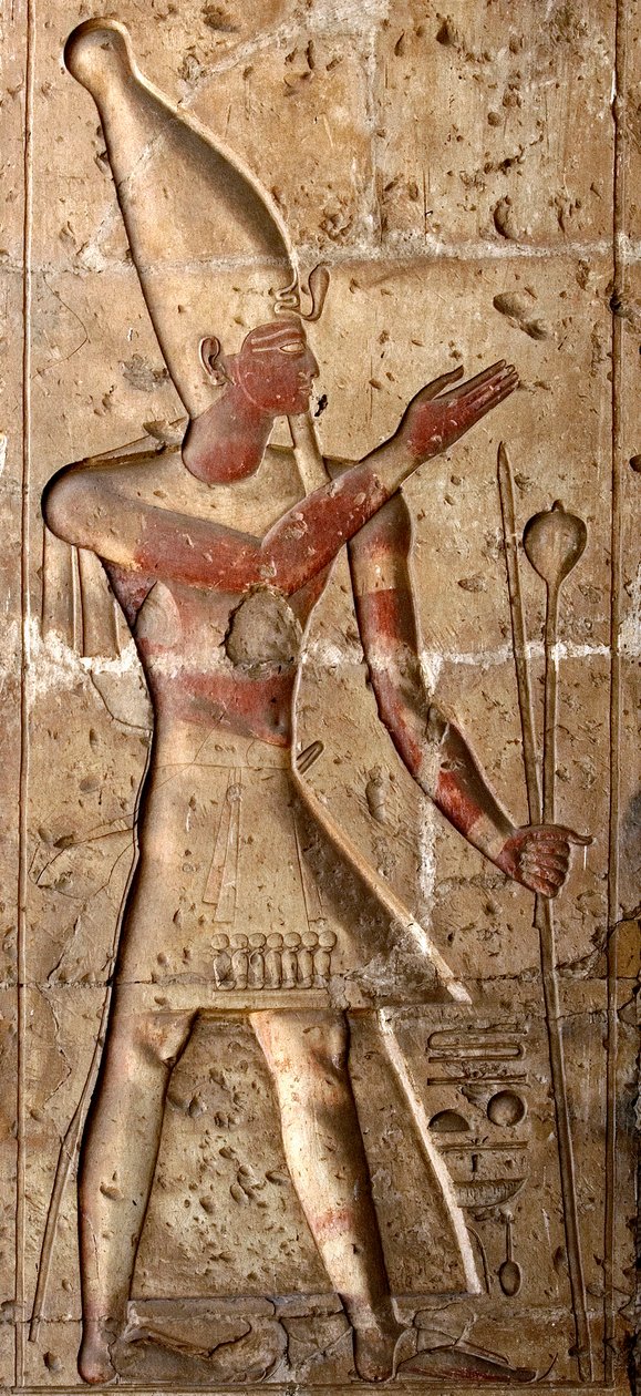 Antik Mısır Sanatı: Sethi I (Sety veya Set I) tapınağının bir sütununda alçak kabartma by Egyptian 19th Dynasty