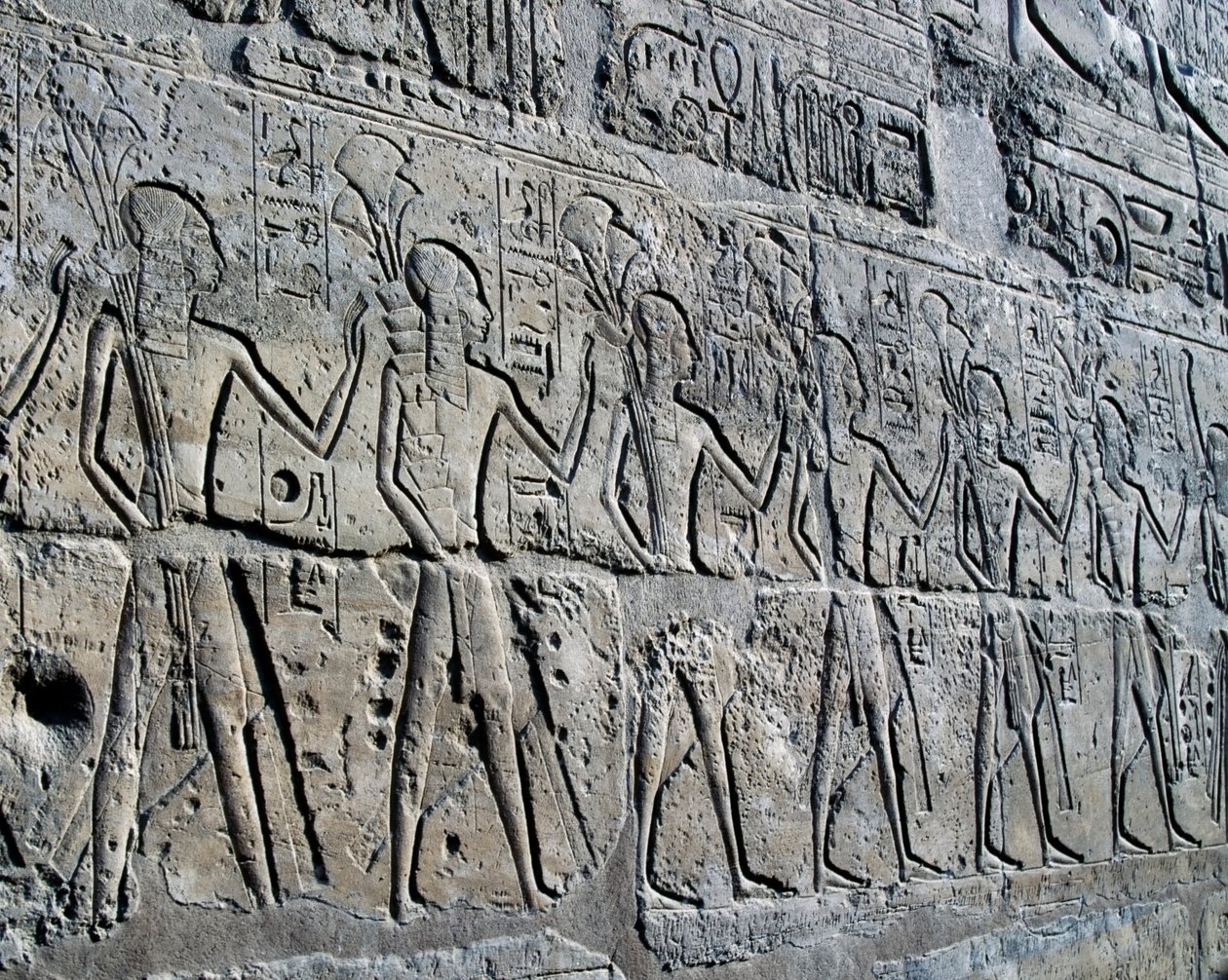 Tanrıya haraçlarını getiren maden bölgelerini simgeleyen karakterler, kabartma, Ramesses II Avlusu, Amun Tapınağı (Unesco Dünya Mirası Listesi by Egyptian 19th Dynasty