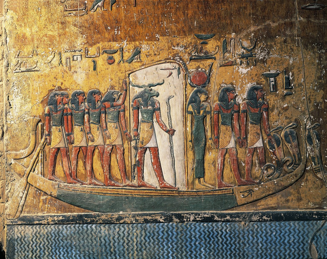 Mısır, Luksor, Antik Thebes, Krallar Vadisi, Seti I'in Mezarı, koç başlı tanrı ile güneş teknesini tasvir eden freskler by Egyptian 19th Dynasty
