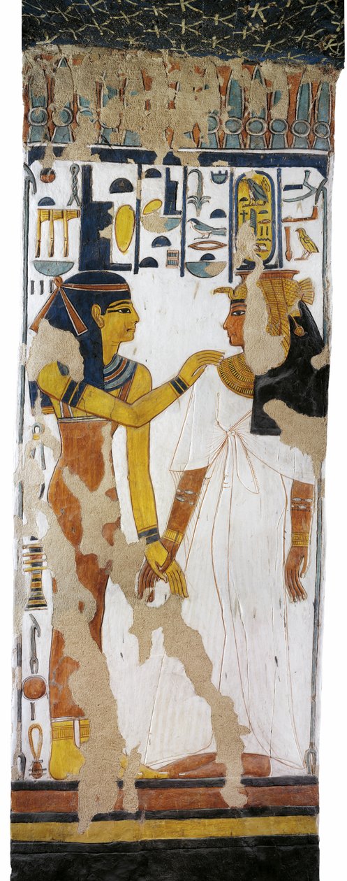 Mısır, Teb, Luksor, Kraliçeler Vadisi, Nefertari Mezarı, 19. hanedandan kalma mezar odasında sütun üzerinde İsis ve kraliçenin duvar resmi by Egyptian 19th Dynasty