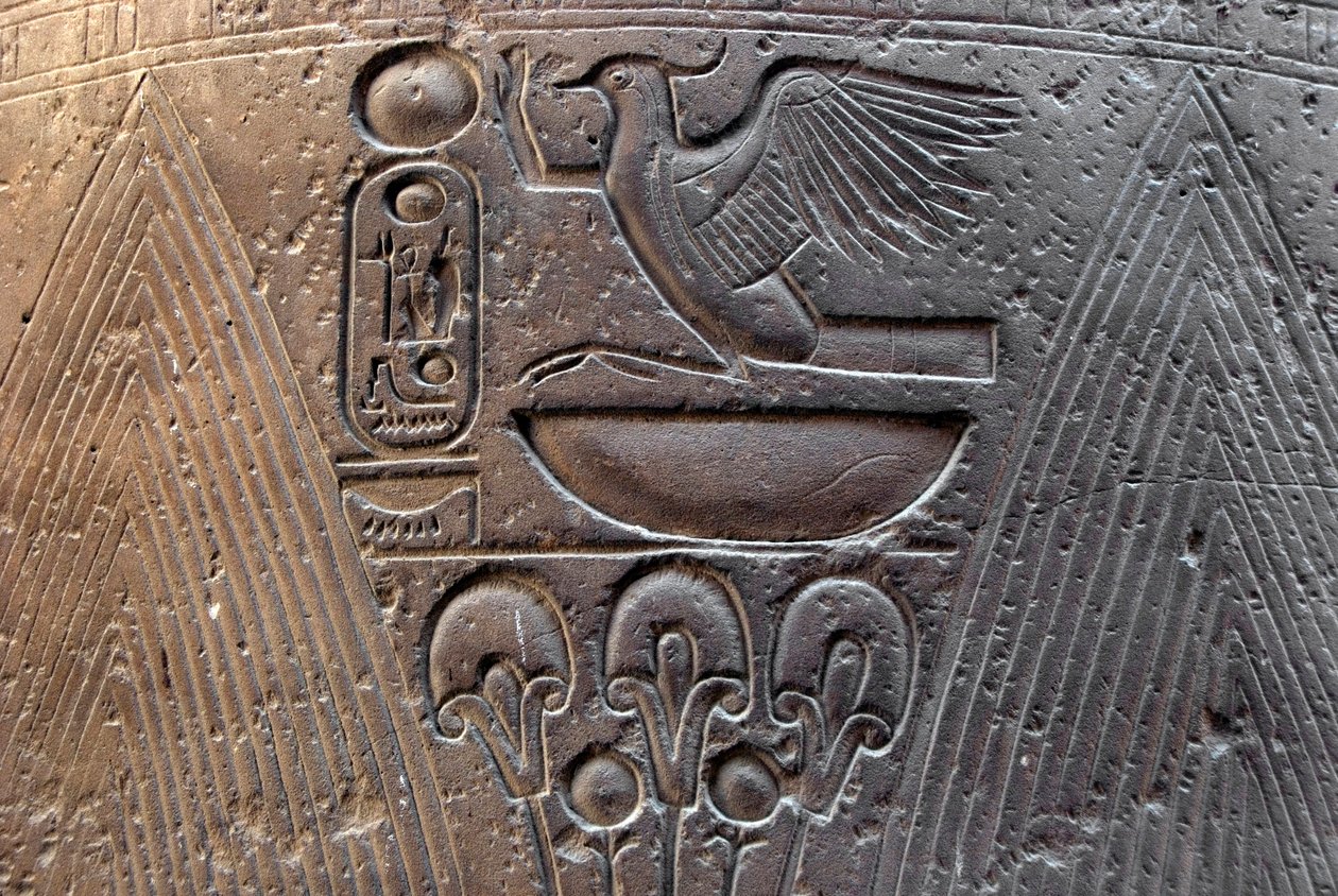 Mısır antikası: Firavun Ramses II'nin (1292-1186 BC) kartuşunu süsleyen bir kabartmanın detayı. Luksor Tapınağı. Doğu Şeria (Thebes), Mısır by Egyptian 19th Dynasty