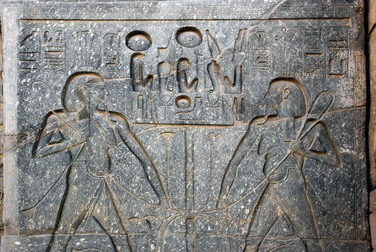 Mısır antik: Yukarı ve Aşağı Mısır birliğini temsil eden Firavun II. Ramses (MÖ 1292-1186) heykelinin kaidesinin detayı. Luksor Tapınağı. Doğu Şeria (Thebes), Mısır by Egyptian 19th Dynasty