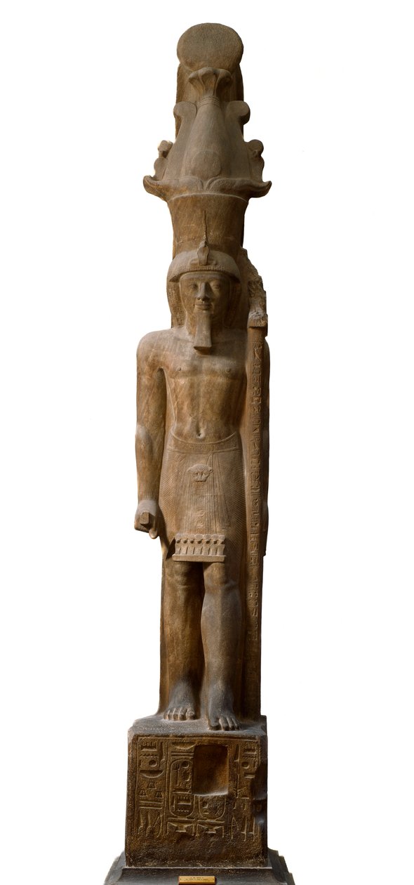 Mısır antik: pembe gres 19. hanedan Firavun Sethi II (Seti veya Sety) (MÖ 1200-1194) heykeli, tanrı Amon, Dim sembolü ile bir asa taşır. 465 cm. Torino Mısır Müzesi. by Egyptian 19th Dynasty