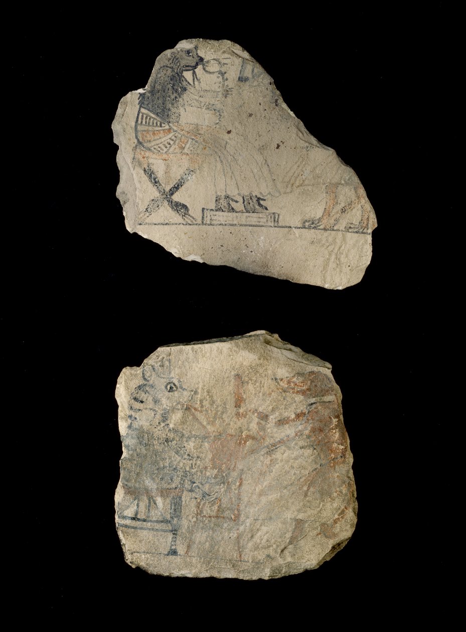 Kırmızı ve siyah mürekkeple mizahi eskizlere sahip kireçtaşı ostraca (siyah ve kırmızı mürekkeple boyanmış kireçtaşı) by Egyptian 19th Dynasty