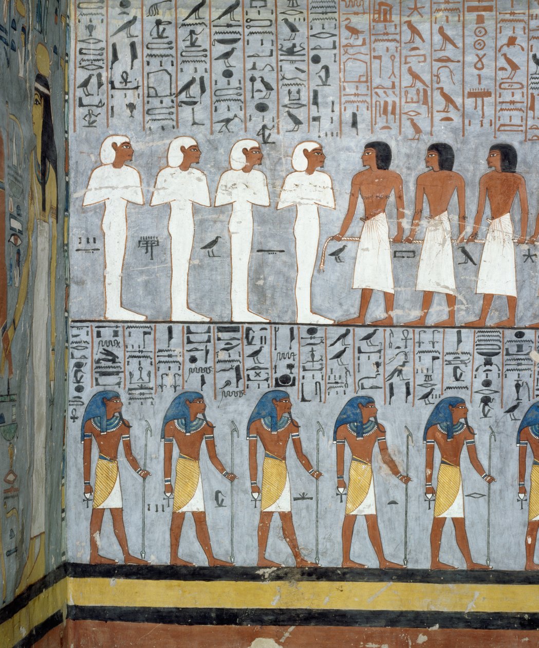 Mumyalar ve erkek figürler, Ramses I Mezarı, Krallar Vadisi, Luksor, Thebes (Unesco Dünya Mirası Listesi) mezar odasındaki fresklerden detay by Egyptian 19th Dynasty