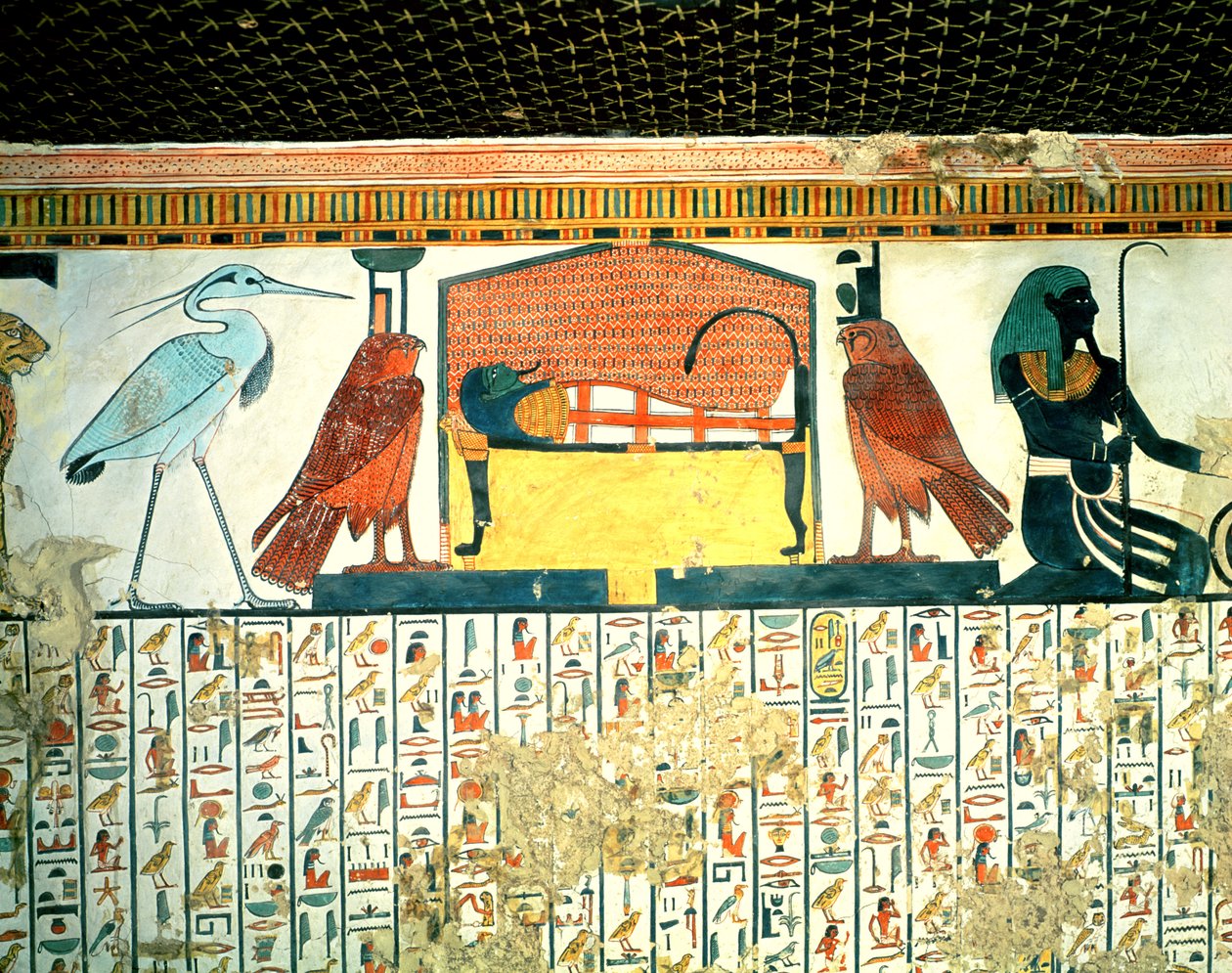 Nefertari'nin Mezarı, Yeni Krallık'tan çeşitli tanrılarla bir cenaze yatağında mumya (duvar resmi) by Egyptian 19th Dynasty