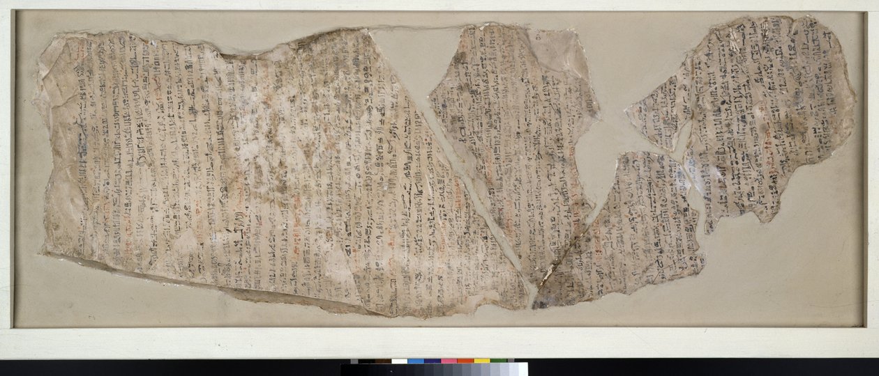 Ostracon, Sinuhe (kireçtaşı) hikayesinin büyük bir kısmı ile siyah ve kırmızı olarak hiyeratik olarak yazılmıştır. by Egyptian 19th Dynasty