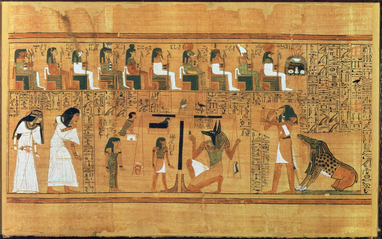 Kalbin Gerçeğin Tüyüne Karşı Tartılması, Yazıcının Ölüleri Kitabından Herhangi biri, MÖ 1250 dolayları (boyalı papirüs) by Egyptian 19th Dynasty