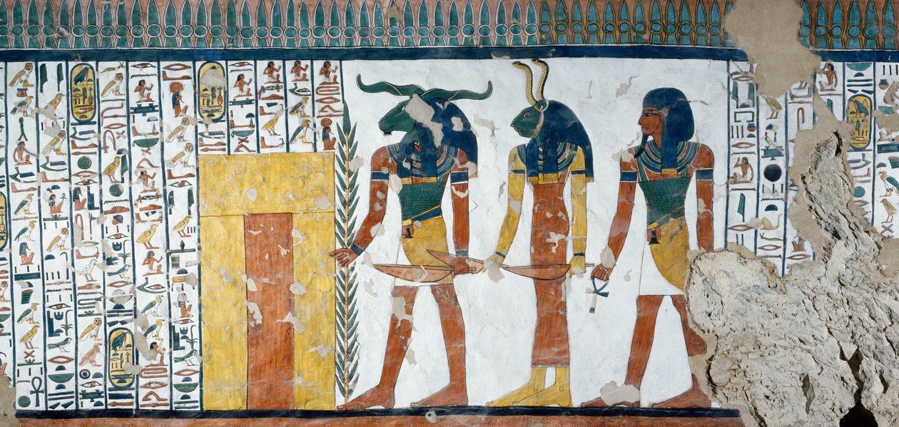 Osiris Krallığının İkinci Kapısını koruyan üç cins, Ölüler Kitabı, Bölüm 144, Nefertari, Queens Vadisi, Luksor, Thebes mezar odasındaki fresklerden ayrıntılar. Mısır uygarlığı, Yeni Krallık, Hanedan XIX. by Egyptian 19th Dynasty