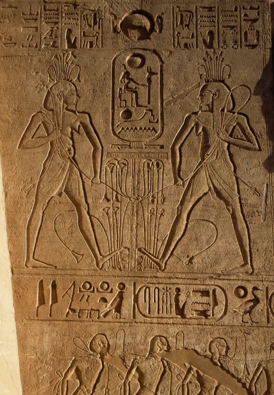 Yukarı ve Aşağı Mısır arasındaki birlik ve Firavun kartuşu, taht kaidesi kabartması, II. Ramesses Tapınağı, Abu Simbel, Mısır, Yeni Krallık, XIX Hanedanı by Egyptian 19th Dynasty