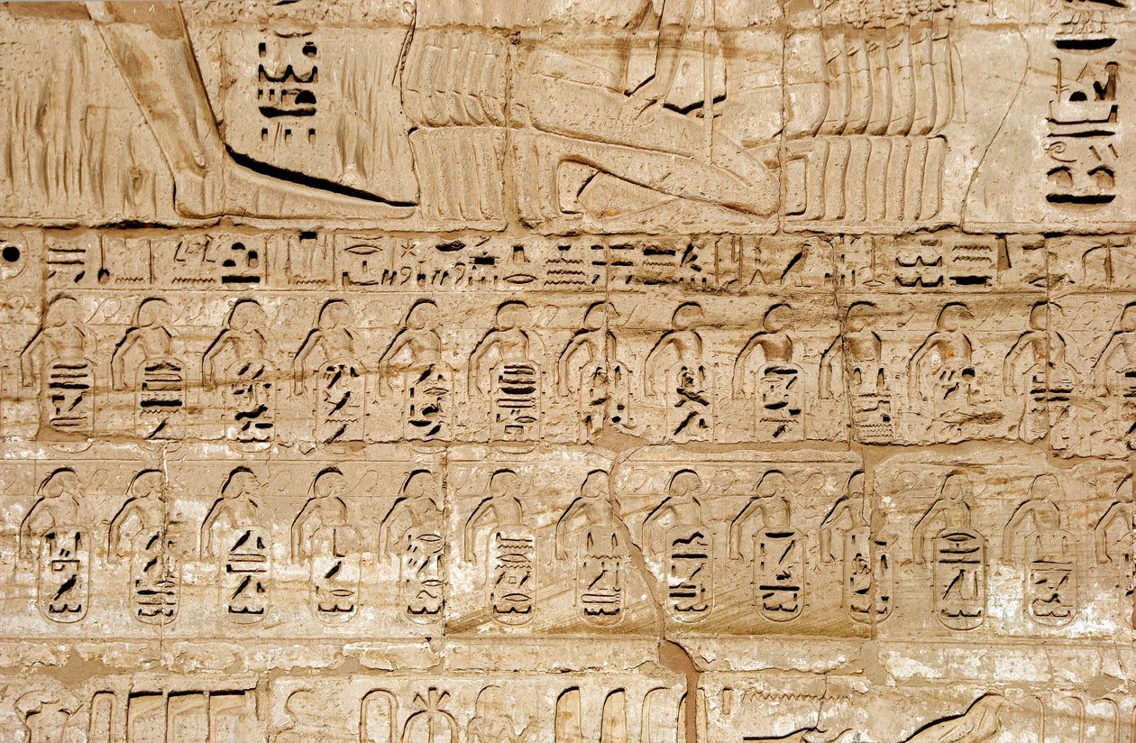 Mısır antikası: Firavun III. Ramses tarafından fethedilen şehirlerin amblemlerini temsil eden ilk sütunun kabartmalarının detayı. Ramses III