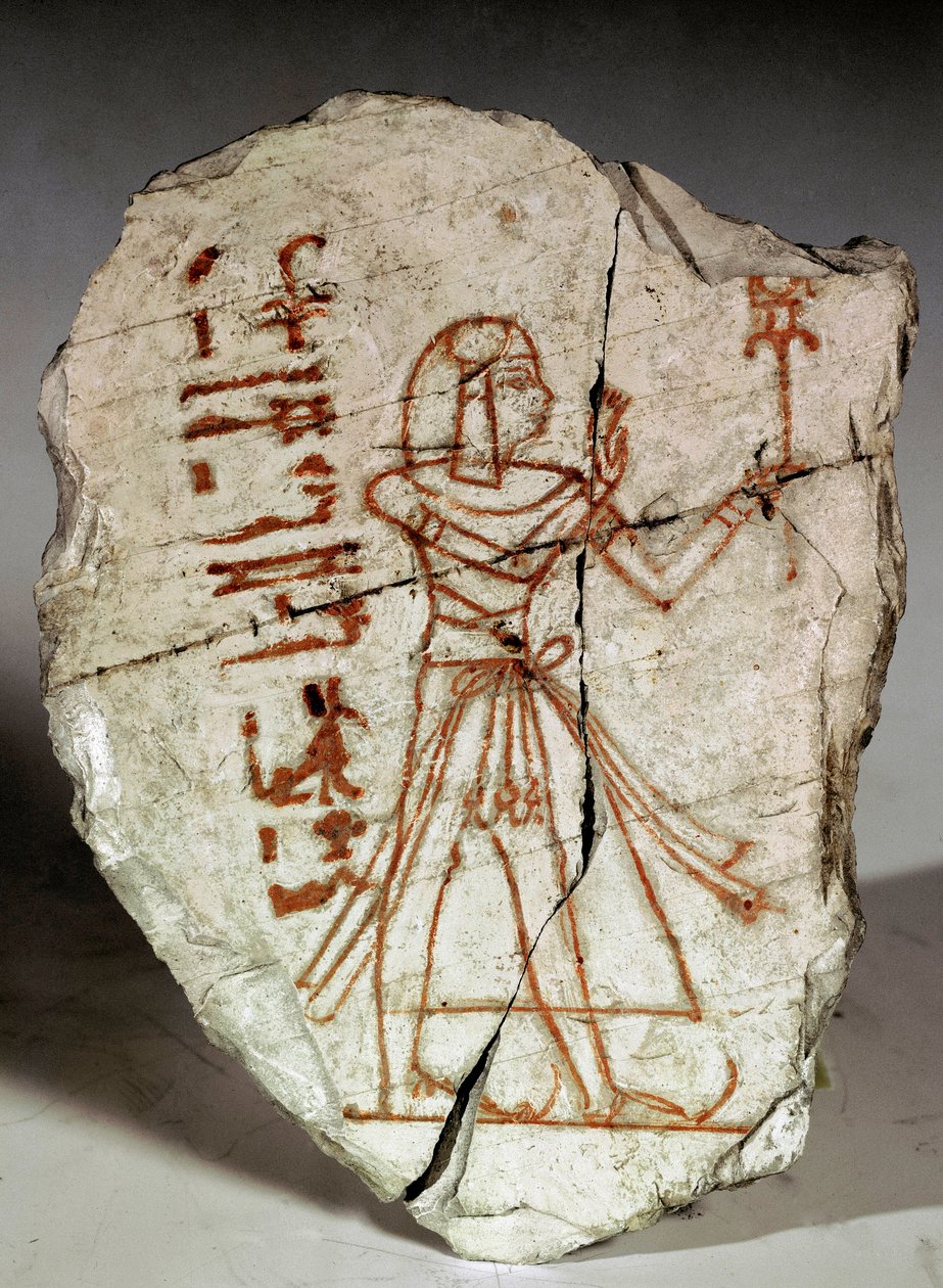 Mısır antikası: ostrakon (veya ostracon) (çoğul: ostraca veya ostraka) (notlar, çizimler için kullanılan çanak çömlek parçası...) Ramessid döneminin (19.-20. hanedan) bir prensesini temsil ediyor. 1100 M.Ö. Torino, Mısır Müzesi - Eski Mısır: ostrakon (veya by Egyptian 20th Dynasty